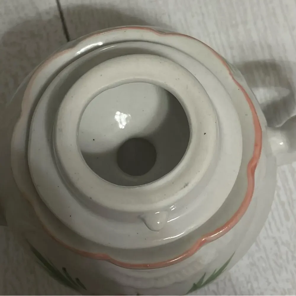 Vintage Pink Floral Teapot White Ceramic Cottage Decor